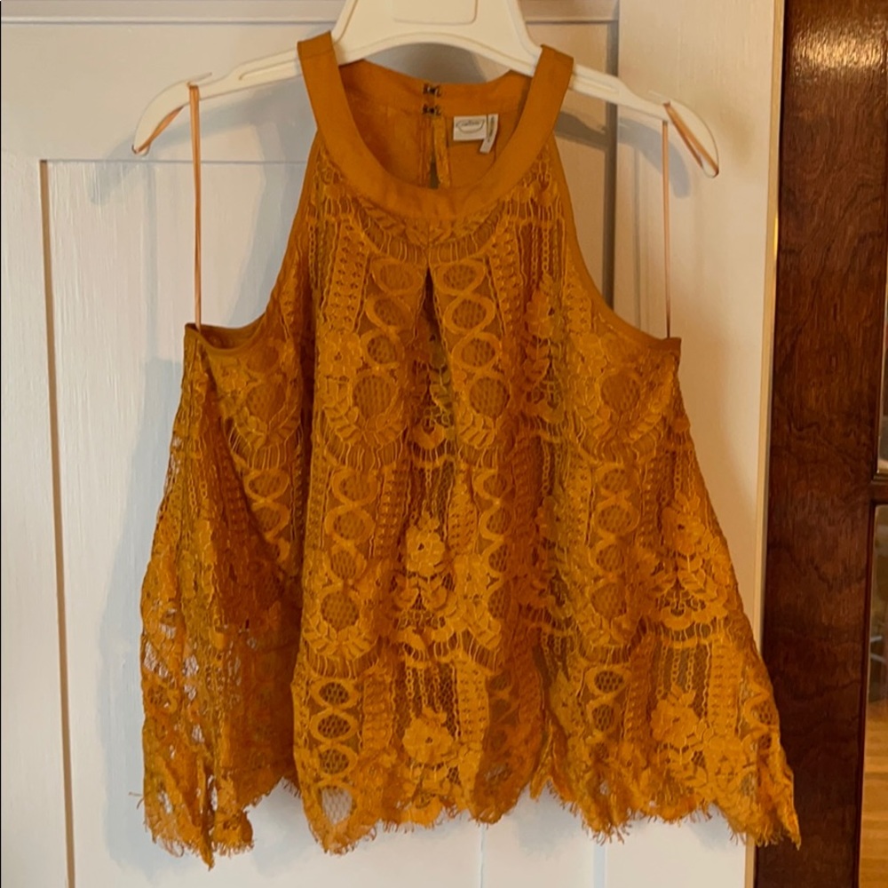 Mustard high neck lace sleeveless top